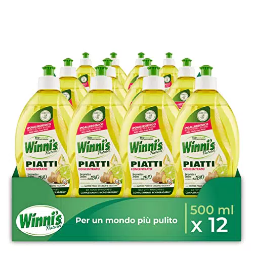 Winni's - Detersivo Piatti e Stoviglie a Mano, Fragranza Bergamotto e Aloe, 12 pezzi