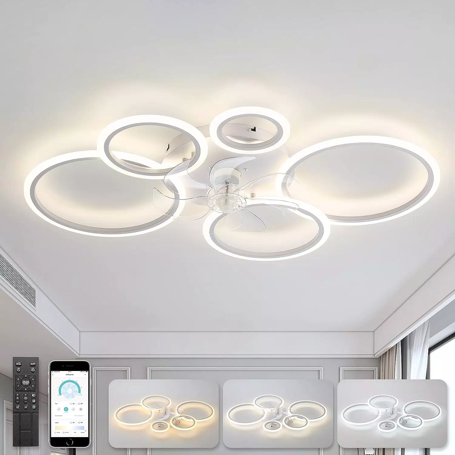 100cm Ventilatore da Soffitto con Luce e Telecomando DC Bianco Plafoniera Ventilatore Soffitto 5 LED Dimmerabile 6 velocità Reversibile Estate Inverno Lampadario Led Soffitto con Ventola per Soggiorno
