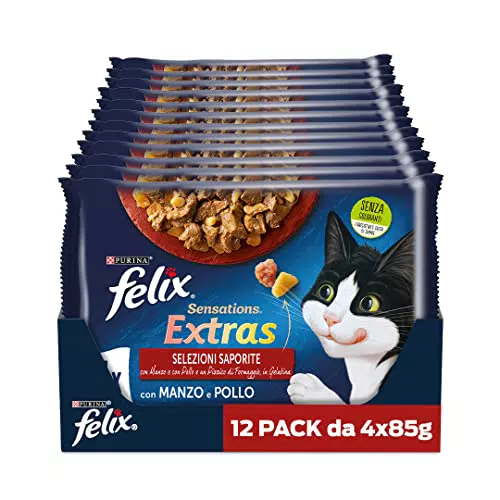 Purina Felix Sensations Extras Cibo Umido per Gatti con Manzo e un Pizzico di Formaggio e con Pollo e un Pizzico di Bacon