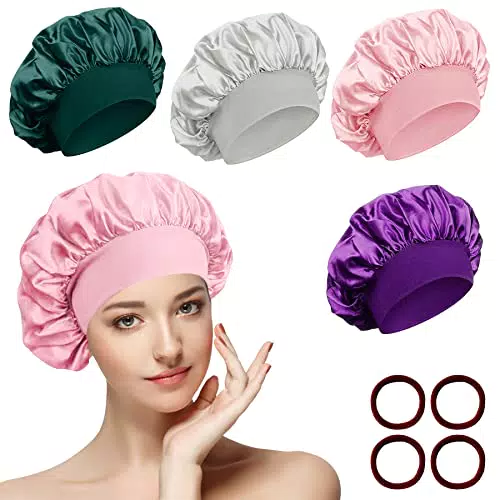 4 Pezzi Cuffia Seta Capelli Ricci, Berretto da Notte Raso Elastico con 4  Elastici per Capelli