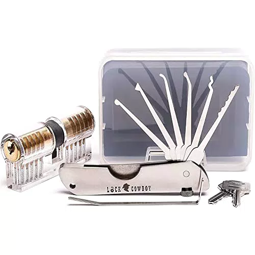 7-in-1 Set Grimaldelli Professionali per imparare ad aprire lucchetti con Serratura Porta Trasparente 2-in-1 per Allenamento by LockCowboy + 2 guide E-book in Omaggio