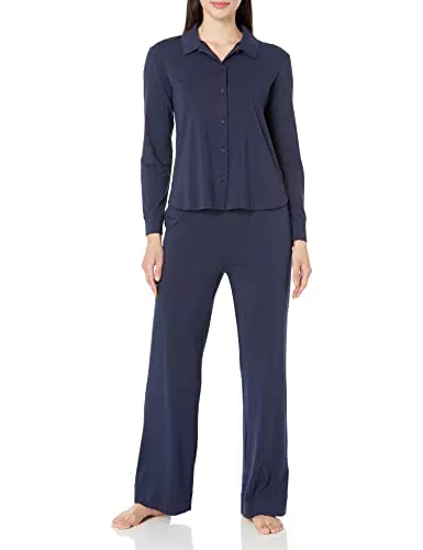 Amazon Aware Pigiama in cotone modal con camicia a maniche lunghe, M, blu