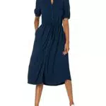 Abito Midi a Trapezio con Maniche a Tre Quarti, Blu Marino, XS