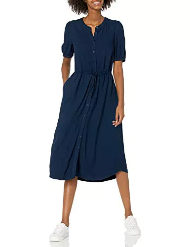 Abito Midi a Trapezio con Maniche a Tre Quarti, Blu Marino, XS