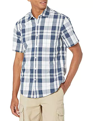 Amazon Essentials Camicia in Popeline a Maniche Corte, Motivo Quadri Grandi, M