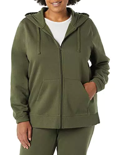 Felpa con Cappuccio e Zip in Pile, XL+, Verde Oliva