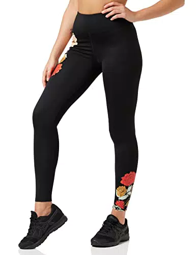 AURIQUE Legging Sportivi con Stampa Floreale Donna, Nero