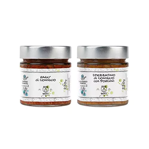 BERTI 1 Spezzatino di Coniglio con Porcini 220g, per Secondo Piatto e 1 Sugo Pronto Ragù di Coniglio 220g Condimento Pasta e Riso