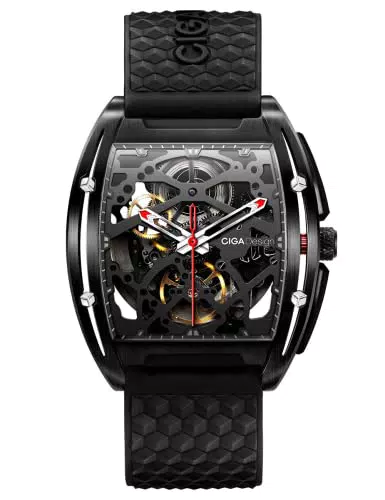 CIGA Design Orologio da uomo automatico meccanico scheletro analogico 3ATM Cassa in acciaio inossidabile Cinturino in silicone Orologio casual quadrante tonneau