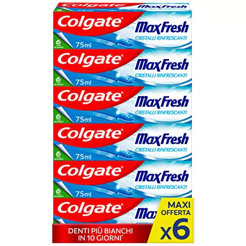 Colgate Dentifricio Max Fresh Cristalli Rinfrescanti 6 Confezioni da 75 ml I Freschezza 10 Volte a Lungo I Menta Glaciale I Denti più bianchi I Aiuta a combattere le carie