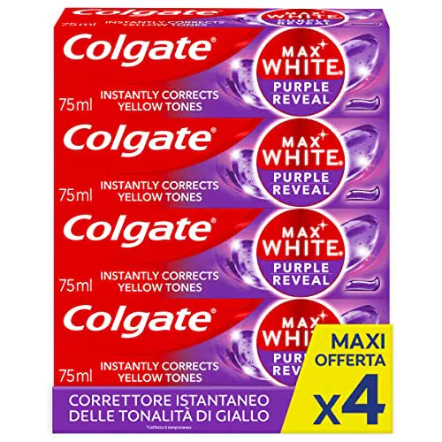 Colgate Dentifricio Sbiancante Max White Purple Reveal 4 Confezioni da 75 ml I Per Denti Bianchi I Sicuro Per Lo Smalto I Contiene Fluoro I Sbiancamento denti I Bianco naturale