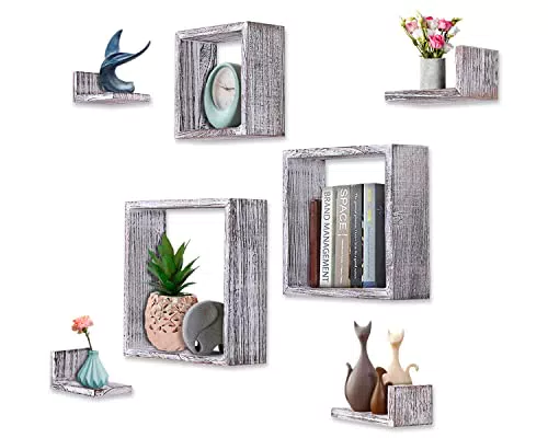 Comfify Rustic Wall Mounted Square Square a Forma di mensole galleggianti - Set di 7-3 mensole quadrate e 4 mensole rustiche a Forma di rettangolo