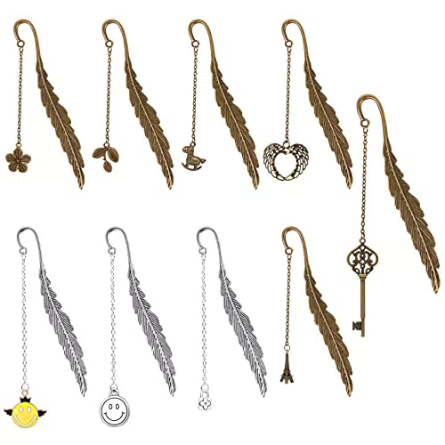 Dadabig 9 Pezzi Segnalibri a Piuma in Metallo, Segnalibro con Diversi Stili di Ciondoli Metallico Segnalibri Vintage come Regali Creativi per Bambini
