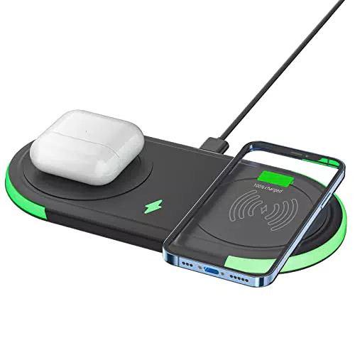 Doppio Caricabatterie Wireless, 7.5W Caricatore Senza Fili per iPhone 13/13 Pro/13 ProMax/13 Mini/12/12 ProMax/SE 2022/11/11 Pro/XS/X/AirPods Pro，Samsung Galaxy S21/S20/Note 10/S10