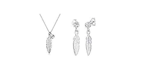 Elli Collana Pendente Boho con Piume da Donna con Cristalli Swarovski in Argento 925 + Orecchini da Donna Piume con Cristalli Argento 925