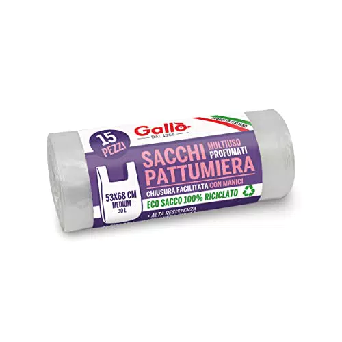 Gallo, 15 SacchettI Spazzatura in Plastica Riciclata, 53x68cm, 30Litri, Trasparente