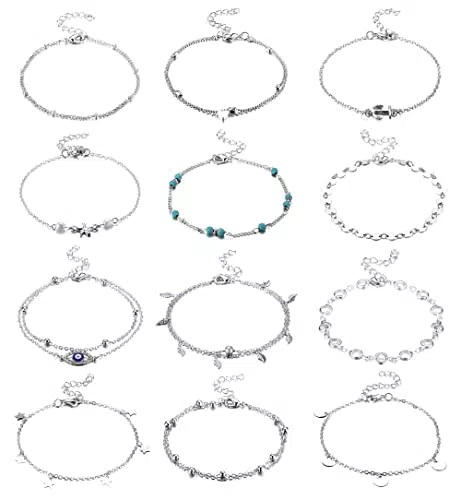 JeweBella 12 Pezzi Cavigliera Donna Argento/Oro Boho Regolabile Cavigliera Bracciale Zircone Turchese Cuore Stella Piuma Ancora della Nave Estate Spiaggia Gioielli Set per Donna Ragazza