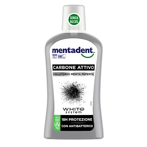 Mentadent Collutorio White System Carbone Attivo per una Protezione Antibatterica di 18h con un Delicato Gusto di Menta Piperita