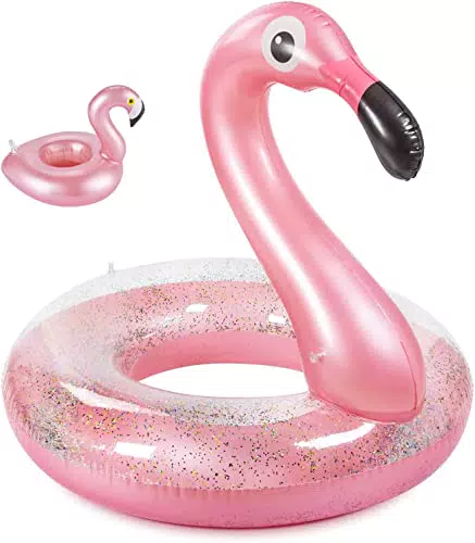Olycism Fenicottero Gonfiabile Galleggiante con Paillettes portabevande e Kit di Toppe Flamingo Gonfiabile Piscina Giocattolo Estate Gonfiabile Lettini e Giochi gonfiabili per Bambini e Adulti
