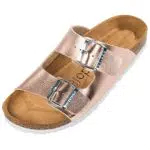 Palado Ciabatte da donna Corfù Sandali alla moda con 2 cinghie regolabili Pantofole da uomo con suola in pregiata pelle scamosciata e letto in sughero naturale metallizzato rosa