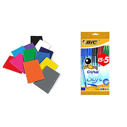 Pigna Monocromo, Quaderno formato A4, Rigatura 0C, Pacco da 10 Pezzi + Bic Cristal Soft punta media 1