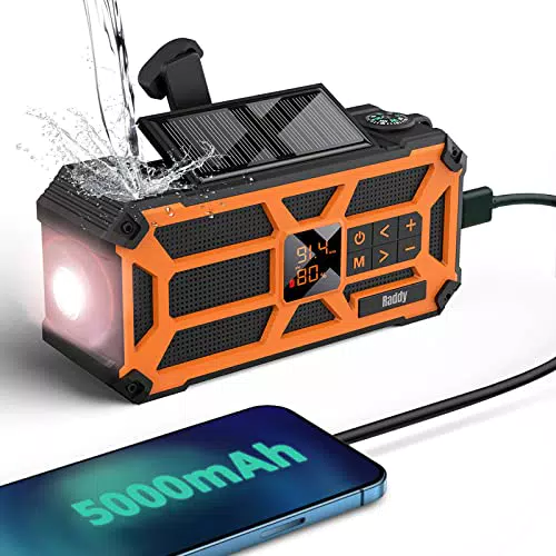Raddy SW5 Solare Radio IPX5 Impermeabile, Radio Portatile AM/FM con Batteria Ricaricabile da 5000mAh