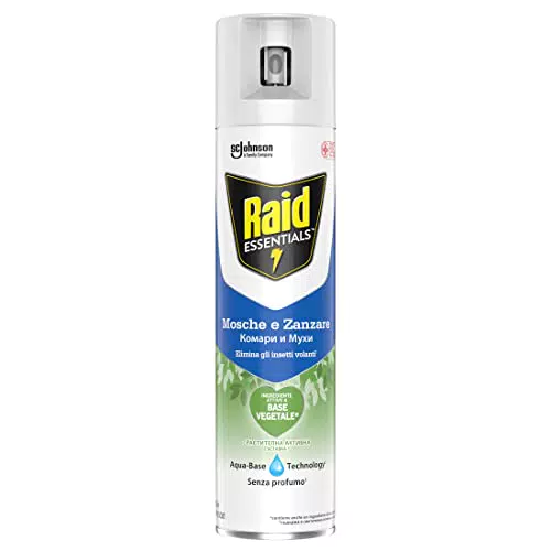 Raid Essentials Mosche e Zanzare Spray Insetticida, Con Ingrediente Attivo a Base Vegetale