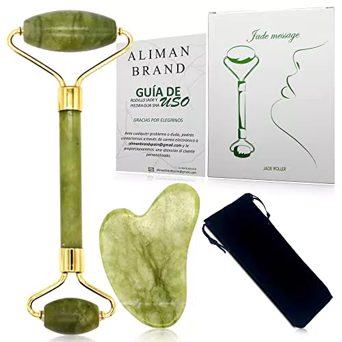 Rullo di giada per il viso + Gua Sha + Guida all'uso + Sacchetto di Imbottitura - Massaggiatore Viso e corpo - Migliora i segni dell'invecchiamento - Anti invecchiamento e Rilassante Gua Sha Viso