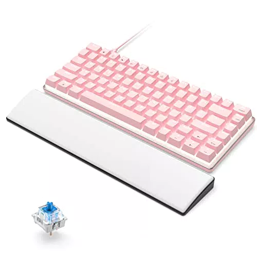 Tastiera Meccanica Gaming e Poggiapolsi, USB Cablato 82 Tasti Retroilluminazione Arcobaleno Anti-Ghosting Switch Blu Tastiera Design Ergonomico Compatto Rosa