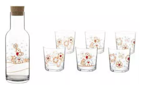 THUN - Set di Bottiglia e Sei Bicchieri in Vetro Cristallino Decorato - Linea Regali d'inverno - Idea Regalo Natale 2022 - Bottiglia 1 Lt; Bicchierino 36