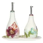 THUN, Set Olio e Aceto con Vassoio in Porcellana con Decorazione Floreale Primaverile
