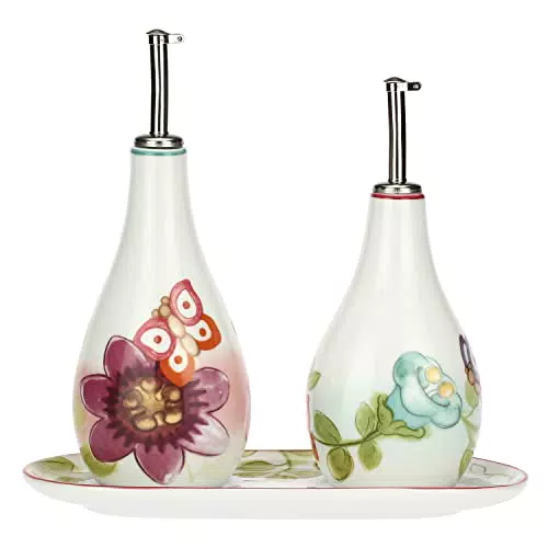 THUN, Set Olio e Aceto con Vassoio in Porcellana con Decorazione Floreale Primaverile