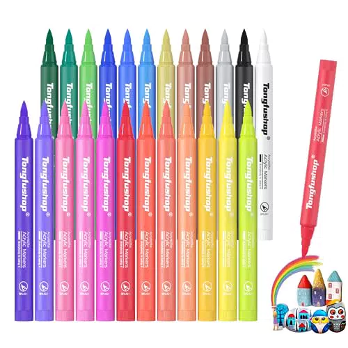 Tongfushop 24 Colori Pennarelli Acrilici, Pennarelli Acrilici per Dipingere Sassi Senza Agitare con Testina a Setole Morbide Migliorata