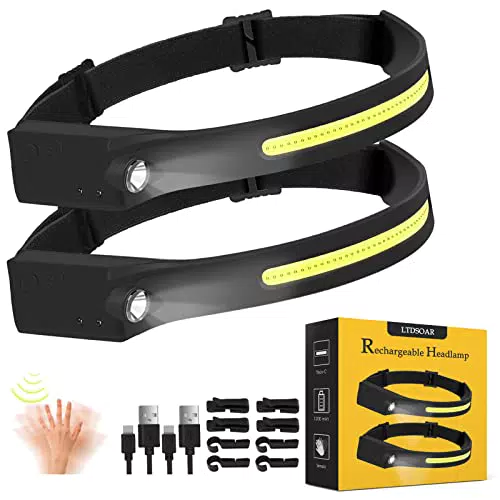 Torcia Frontale, 2 Pcs Lampada Frontale Led Ricaricabile a Fascio Luce Frontale IPX4 Impermeabile USB Ricaricabile Regolabile con Sensore di Movimento per Pesca