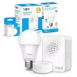 TP-Link Pulsante Smart + Lampadina Starter Kit, Tapo L520E Lampadina Wi-Fi E27 Bianco Tapo S200B Pulsante Intelligente + Tapo H100 Smart Hub con suoneria