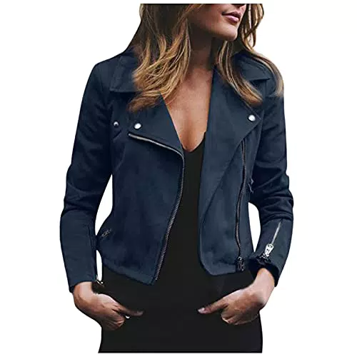 vokkrv Giacca Corta da Donna in Pelle PU con Cerniera Tasche Manica Lunga Moto Biker Cappotto con Catena Autunno Inverno Tops