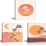 Piy Painting stampe su tela rosa Spiaggia con alberi di cocco sole e tramonto paesaggio Immagini moderni Decorazione da parete con cornice interna per Camera da letto Soggiorno Bar 30x30cm Set 3 Pezzi