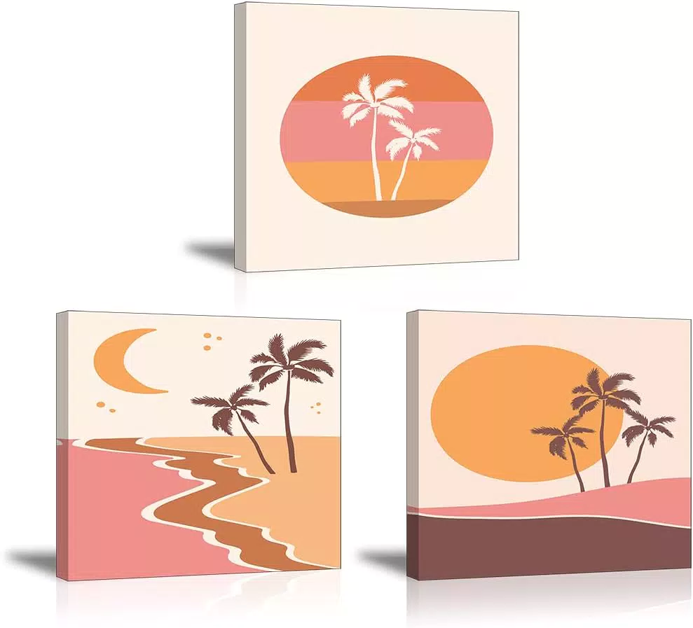 Piy Painting stampe su tela rosa Spiaggia con alberi di cocco sole e tramonto paesaggio Immagini moderni Decorazione da parete con cornice interna per Camera da letto Soggiorno Bar 30x30cm Set 3 Pezzi
