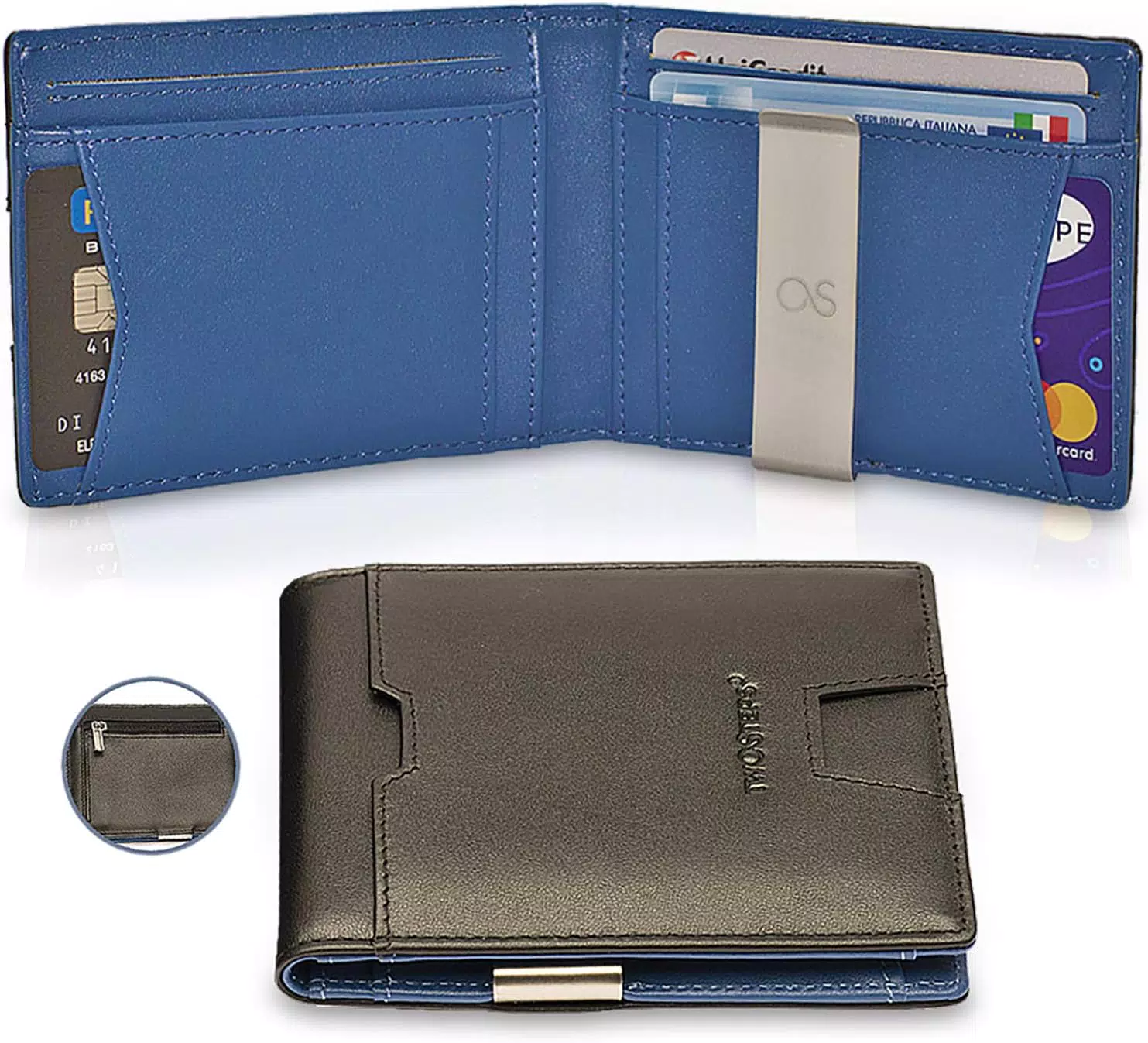 Portafoglio Uomo Slim Pelle Piccolo 11 Porta Carte Di Credito e Porta Twosteps Tessere Uomo Con Blocco RFID Anti-Clonazione Clip Fermasoldi in Acciaio Portamonete con Zip Idea Regalo Uomo Col. NeroBlu