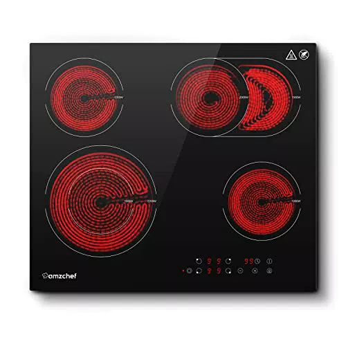 AMZCHEF Piano cottura in vetroceramica, 6600 W elettrico con 4 fuochi