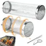 auvstar Cestini per Barbecue in Acciaio Inossidabile 2 Pezzi Cestino Cilindrici Grigliare Verdure Carne Cestello BBQ Portatile Campeggio 2PCS Cesto Grigliate All'Aperto Griglia 360° Rotante Cestini