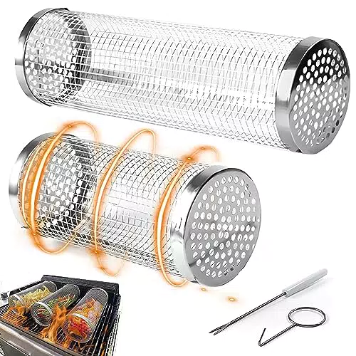 auvstar Cestini per Barbecue in Acciaio Inossidabile 2 Pezzi Cestino Cilindrici Grigliare Verdure Carne Cestello BBQ Portatile Campeggio 2PCS Cesto Grigliate All'Aperto Griglia 360° Rotante Cestini