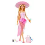 Barbie - Bambola bionda con costume da bagno rosa e bianco