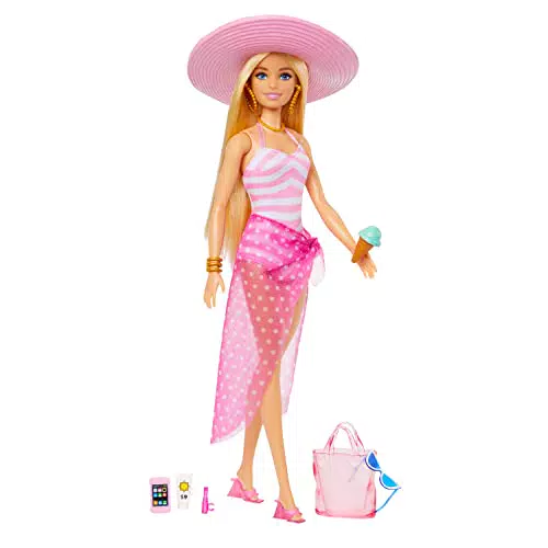 Barbie - Bambola bionda con costume da bagno rosa e bianco