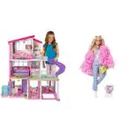Barbie Casa dei Sogni, Casa a 3 Piani con 8 Stanze, Ascensore e Piscina con Scivolo & Extra n.3 - Bambola Snodata con Pelliccia Rosa e Maialino-Unicorno - 15 Accessori