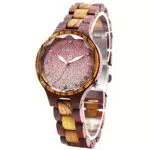 BEWELL Orologio in legno donna, orologio da polso da donna artigianale con quadrante rosa con cielo stellato e bracciale in legno
