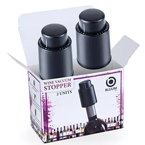 BLUUM 2 Pezzi Tappo Vino Vaccum Sottovuoto Professionale Pompa Salvavino Salvagoccia Ermetico Vini Frizzante Spumante Champagne Silicone Plastica Aspira Aria Salva Freschezza Tappi Bottiglia
