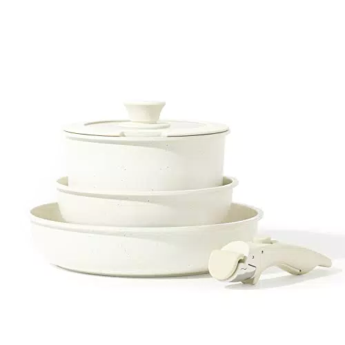 CAROTE Set 5 padelle antiaderenti, Padella 20/26cm, Casseruole 18cm/1.8L Manici Amovibili e Coperchi