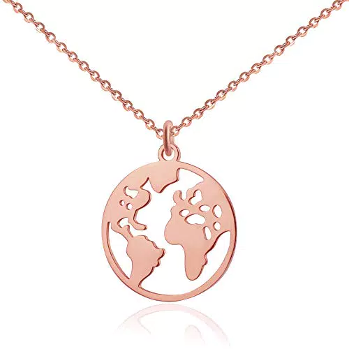 Collana da donna con globo terrestre Rosa - Impermeabile - Collana regolabile in acciaio inox con ciondolo a forma di mappa del mondo Rosa