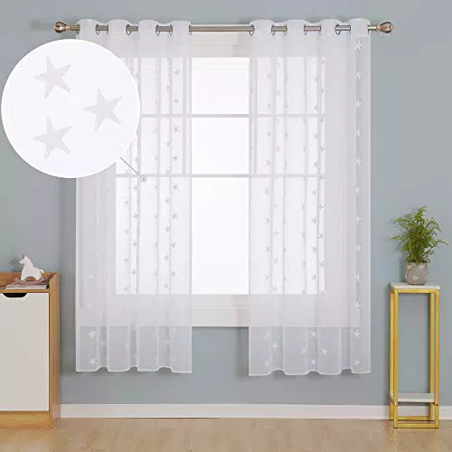 Deconovo Tende Trasparenti Camera da Letto in Voile Ricamate Stelle Bianco per Casa Moderne 2 Pannelli 140x183cm